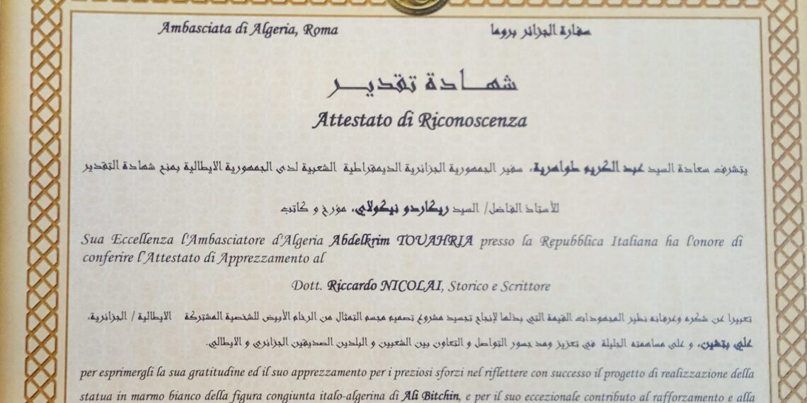 Riconoscimento dell’Ambasciata di Algeria allo scrittore Riccardo Nicolai