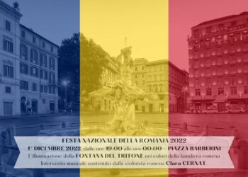 Festa Nazionale Romania: Fontana del Tritone illuminata con i colori della bandiera romena