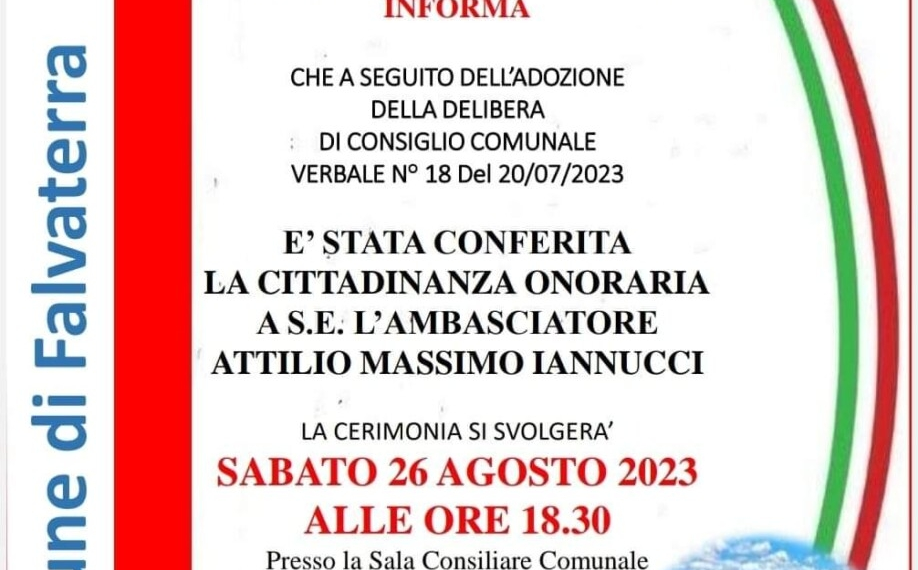 Comune di Falvaterra, l’Ambasciatore Iannucci riceve la Cittadinanza Onoraria