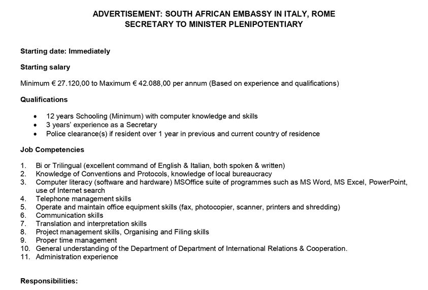 L’Ambasciata del Sudafrica a Roma cerca un Segretario