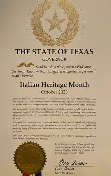 Texas, il Governatore Abbott proclama il mese di Ottobre “Italian Heritage Month”