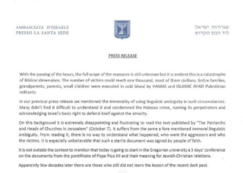 Il Comunicato dell’Ambasciata israeliana presso la Santa Sede contro i Patriarchi di Gerusalemme