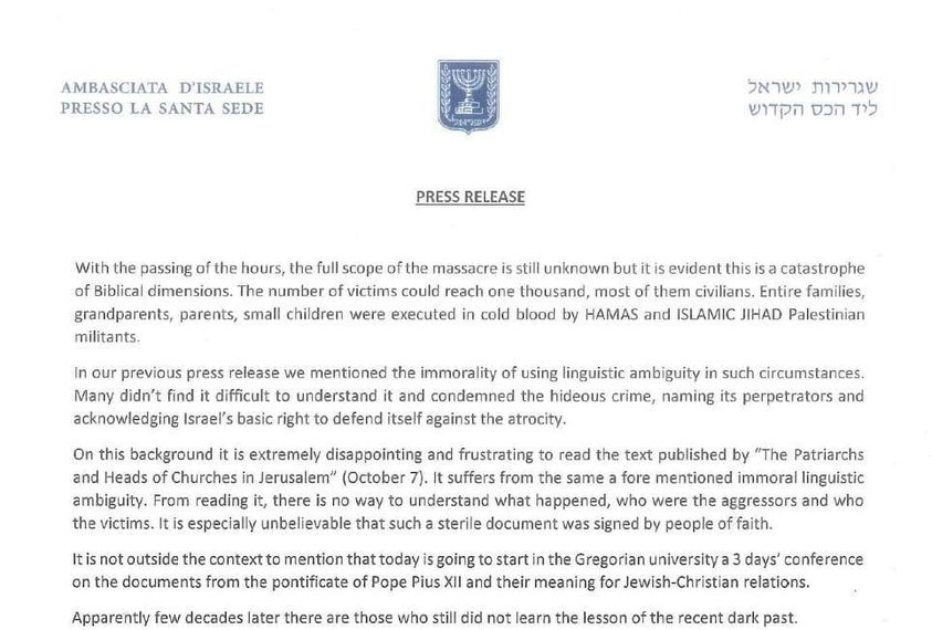 Il Comunicato dell’Ambasciata israeliana presso la Santa Sede contro i Patriarchi di Gerusalemme