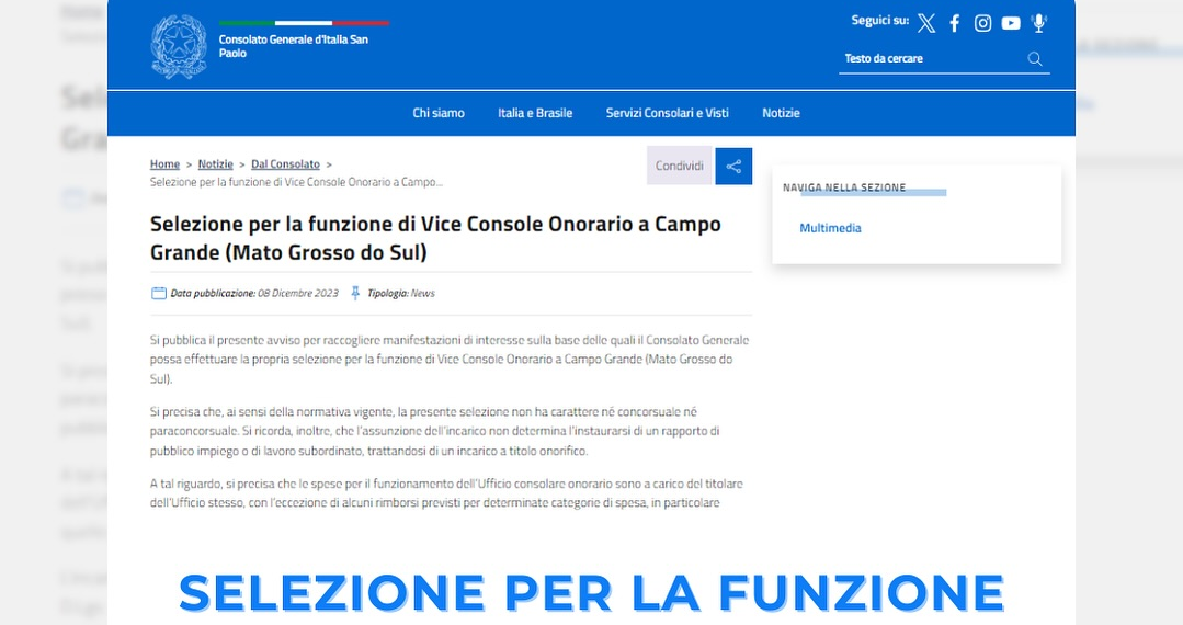 Brasile, aperta selezione per Vice Console Onorario d’Italia a Campo Grande