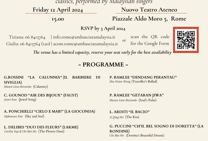 Il 12 aprile a Roma “Concerto dell’Amicizia – Malesia e Italia”