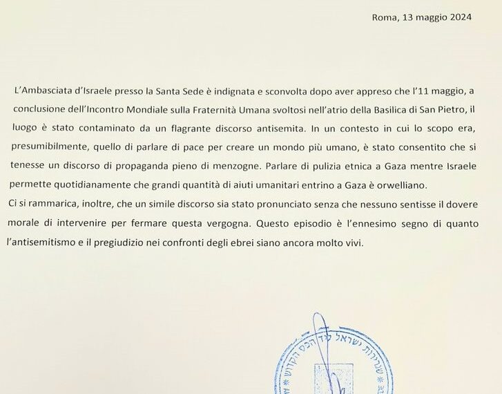 Nota polemica dell’Ambasciata di Israele presso la Santa Sede contro evento che si è tenuto in Vaticano