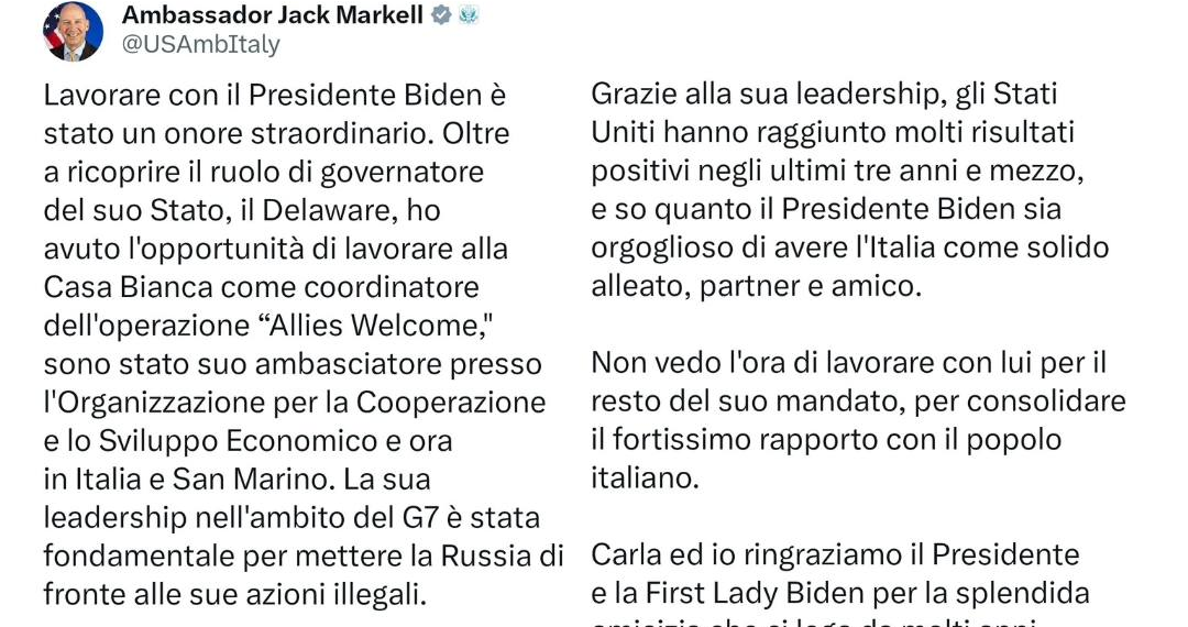 “Lavorare con il Presidente Biden è stato un onore straordinario”: Il messaggio dell’Ambasciatore USA Jack Markell