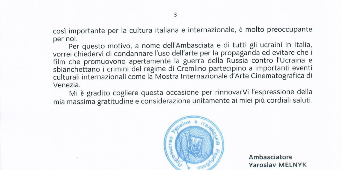 Festival del Cinema di Venezia, la lettera dell’Ambasciata ucraina indirizzata al Direttore