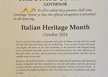 Il Governatore dello Stato del Texas Abbott ha proclamato il mese di Ottobre “Italian Heritage Month”