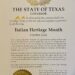 Il Governatore dello Stato del Texas Abbott ha proclamato il mese di Ottobre “Italian Heritage Month”