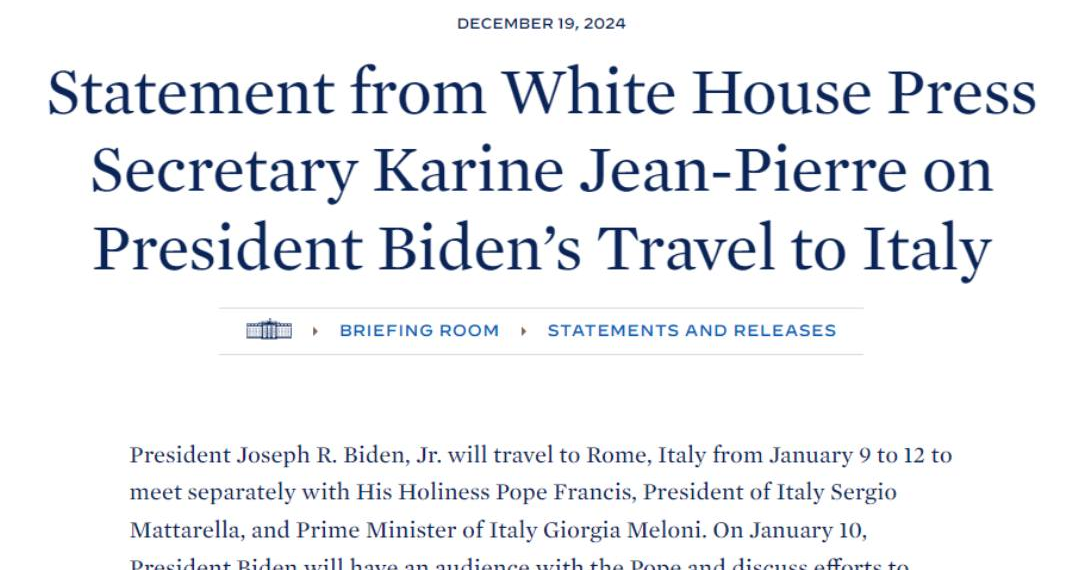 Il Presidente Biden sarà in visita in Italia dal 9 al 12 gennaio