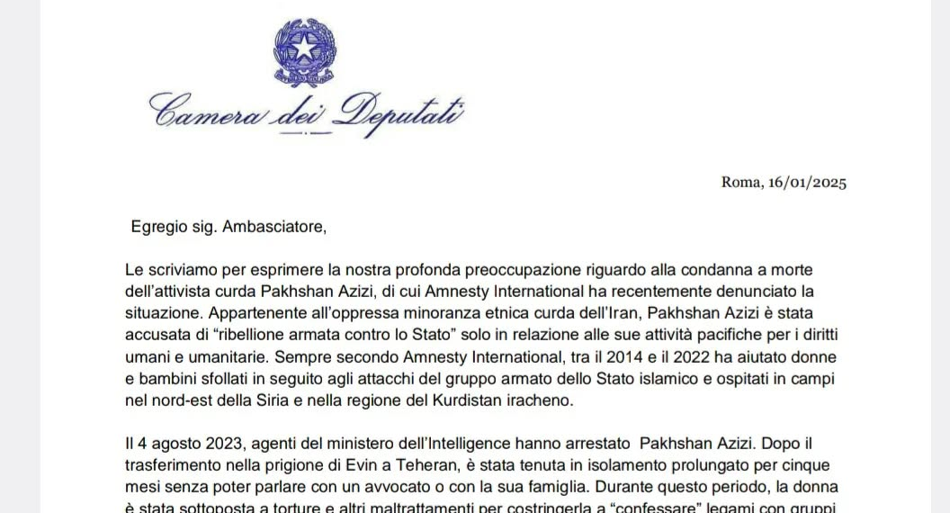 Lettera di 114 deputati all’Ambasciatore iraniano contro la pena di morte a Pakhshan Azizi