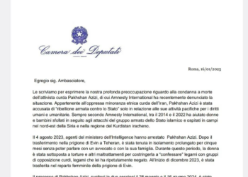 Lettera di 114 deputati all’Ambasciatore iraniano contro la pena di morte a Pakhshan Azizi