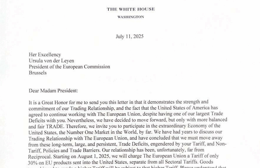 Dazi al 30% dal 1° agosto, il testo integrale della lettera di Trump all’UE