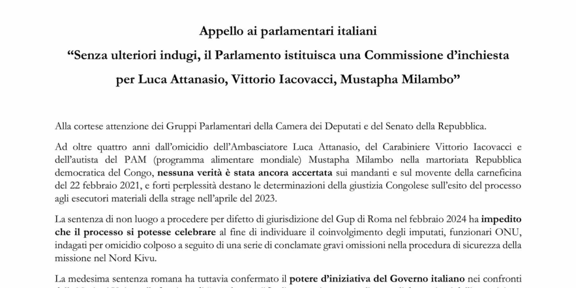 Luca Attanasio, l’appello di quattro Associazioni ai parlamentari: “Istituire una Commissione d’inchiesta”