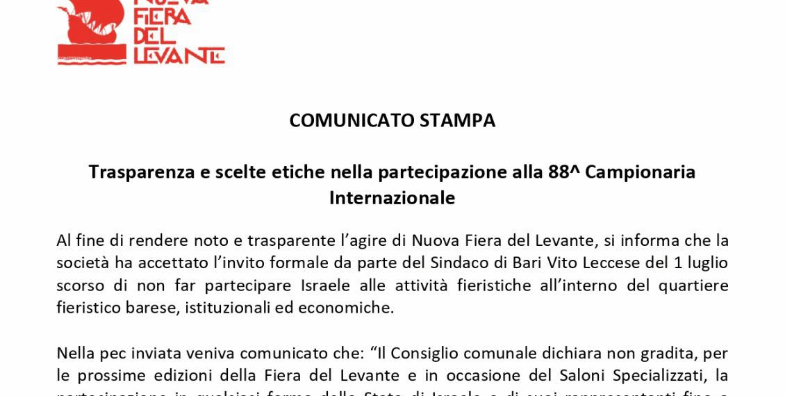Israele escluso dalla Fiera del Levante di Bari. Il Comunicato Stampa ufficiale