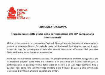 Israele escluso dalla Fiera del Levante di Bari. Il Comunicato Stampa ufficiale