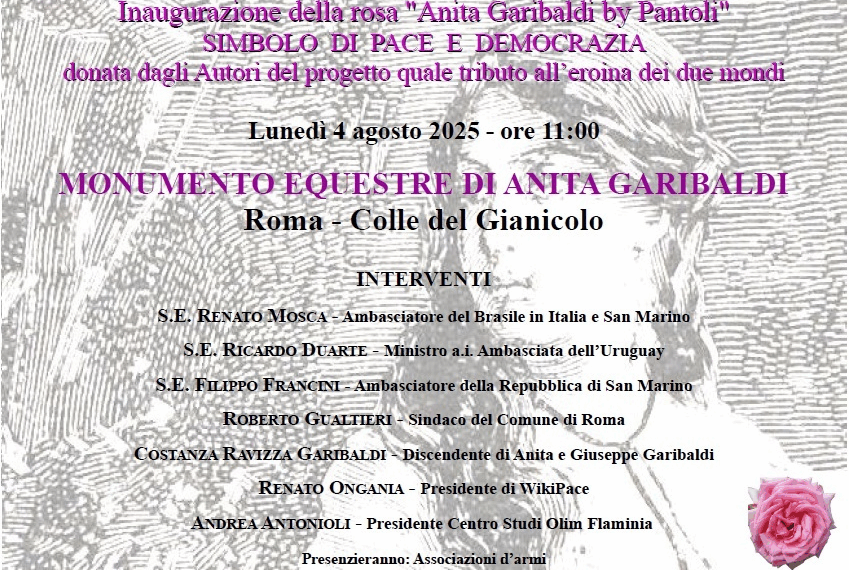 Roma, diversi diplomatici assistono al Gianicolo alla piantumazione di un ibrido originale della rosa di Anita Garibaldi