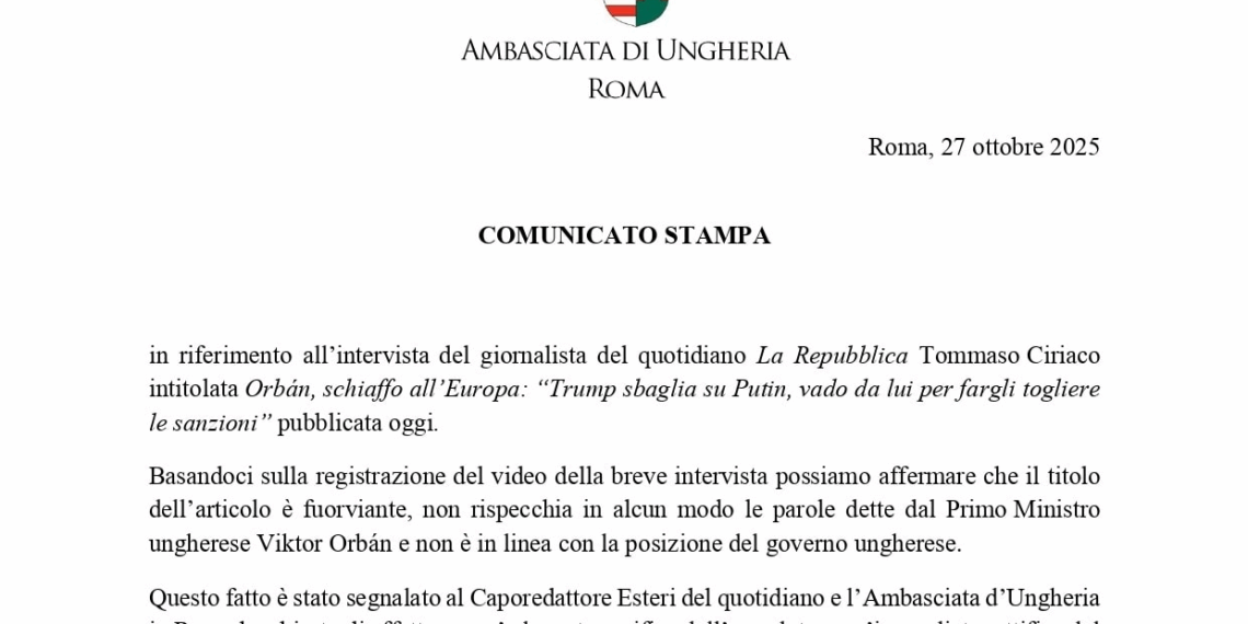 L’Ambasciata di Ungheria contro il quotidiano “La Repubblica” (il comunicato ufficiale)